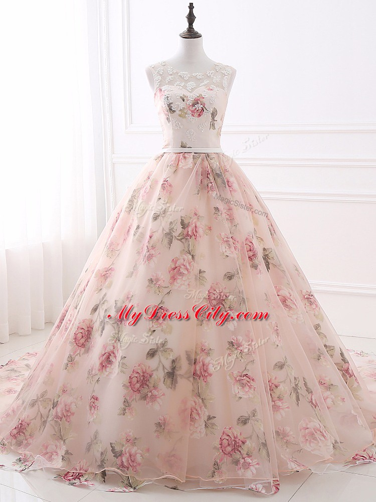 Luxury Organza and Printed Sleeveless Formal Dresses Brush Train and Lace and Appliques and Belt