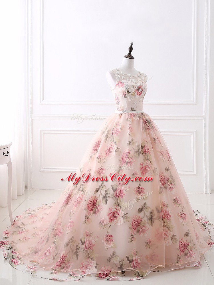 Luxury Organza and Printed Sleeveless Formal Dresses Brush Train and Lace and Appliques and Belt