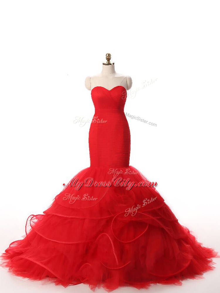 Captivating Sweetheart Sleeveless Tulle Womens Evening Dresses Ruffles Brush Train Zipper