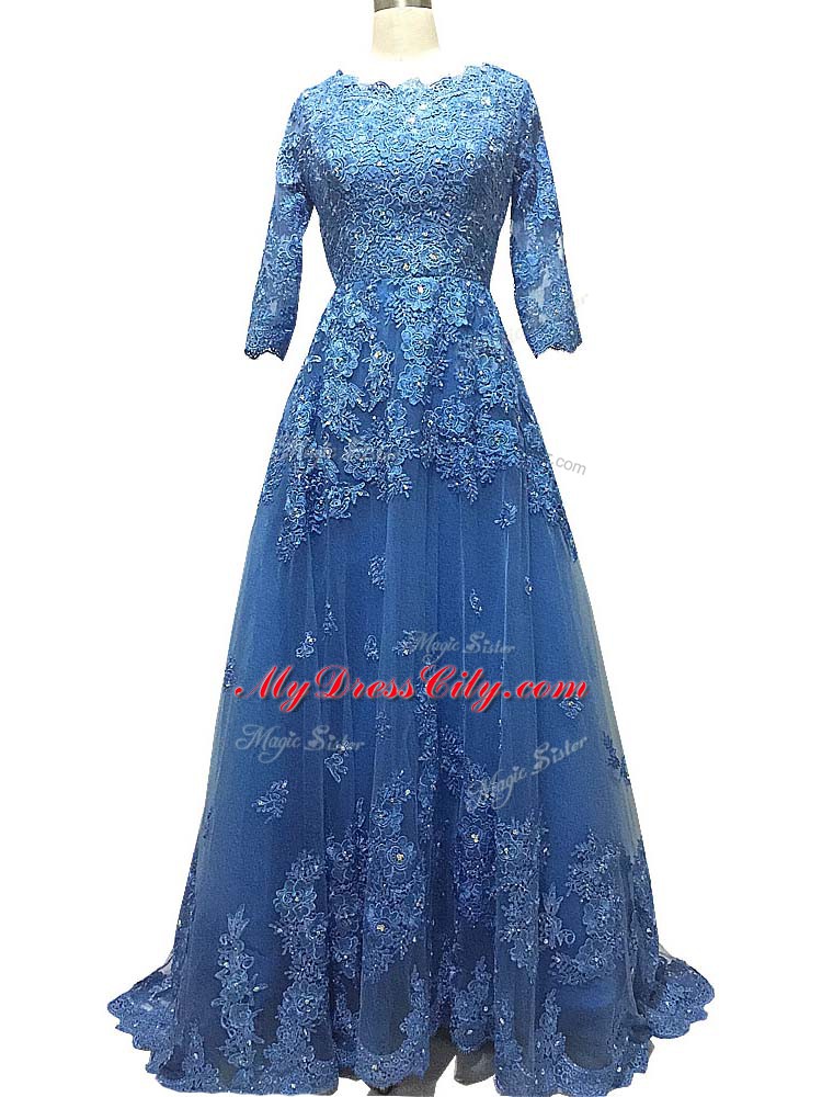 3 4 Length Sleeve Lace and Appliques Zipper Dress for Prom with Blue Brush Train