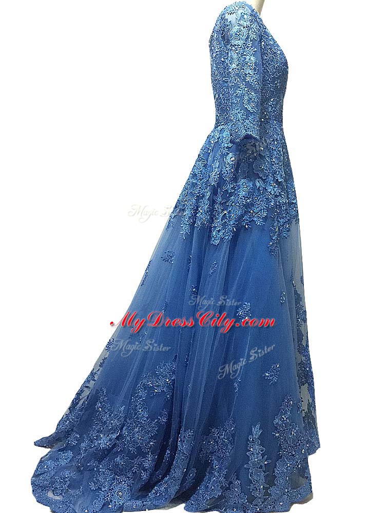 3 4 Length Sleeve Lace and Appliques Zipper Dress for Prom with Blue Brush Train