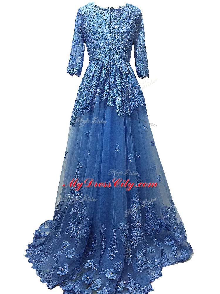 3 4 Length Sleeve Lace and Appliques Zipper Dress for Prom with Blue Brush Train