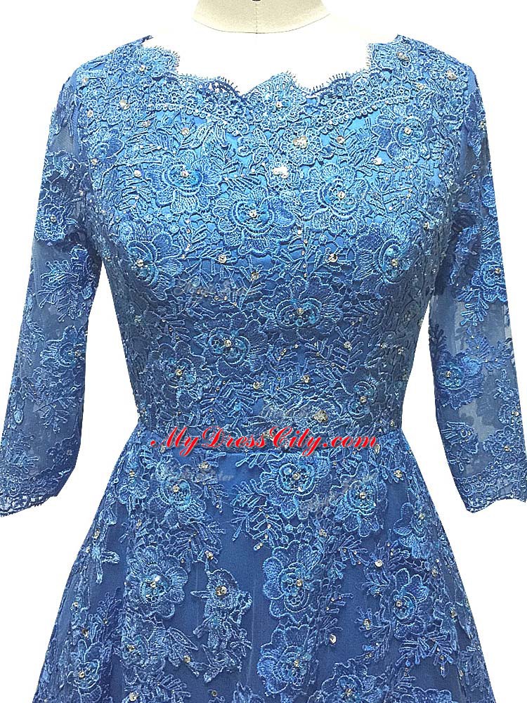 3 4 Length Sleeve Lace and Appliques Zipper Dress for Prom with Blue Brush Train