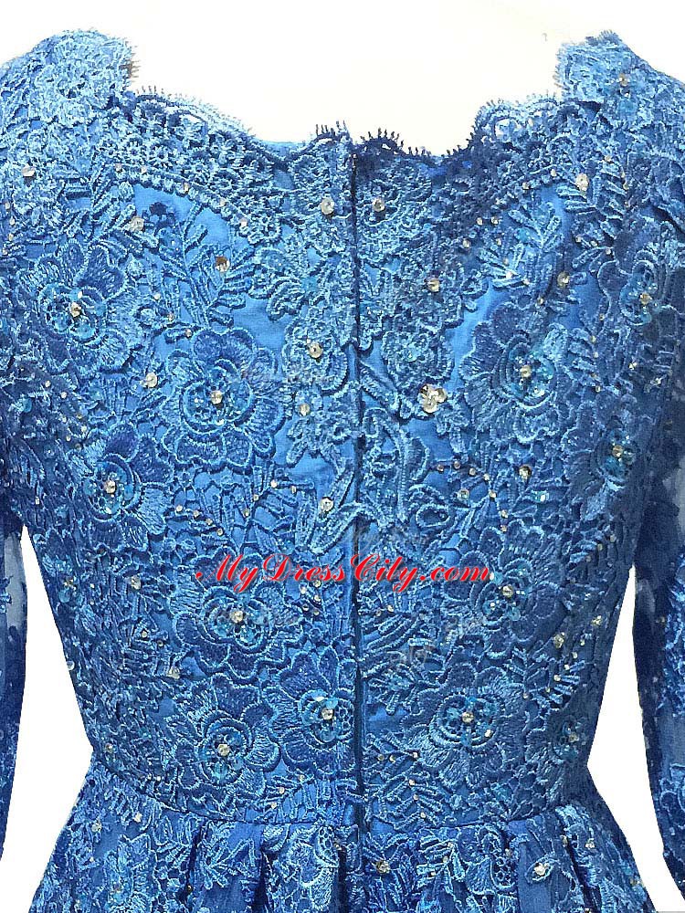 3 4 Length Sleeve Lace and Appliques Zipper Dress for Prom with Blue Brush Train