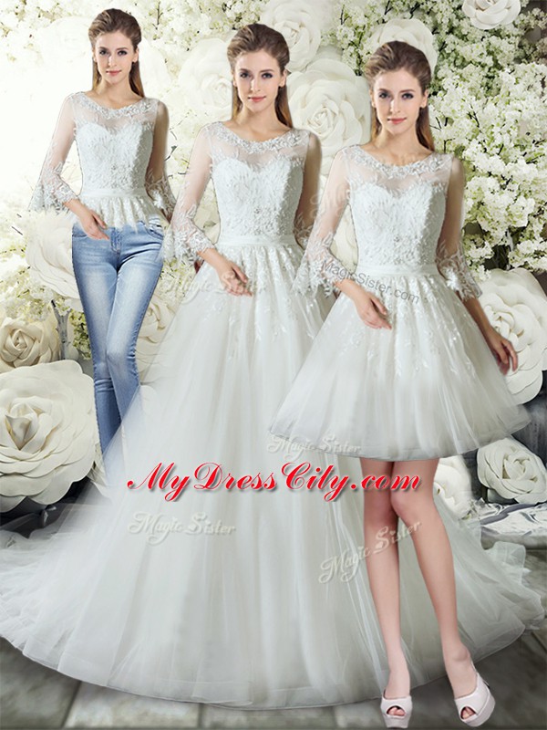 Sumptuous Court Train Three Pieces Bridal Gown White V-neck Tulle 3 4 Length Sleeve Zipper