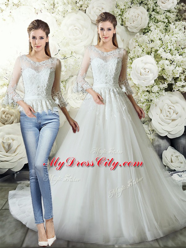 Sumptuous Court Train Three Pieces Bridal Gown White V-neck Tulle 3 4 Length Sleeve Zipper