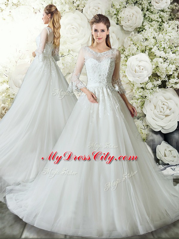 Sumptuous Court Train Three Pieces Bridal Gown White V-neck Tulle 3 4 Length Sleeve Zipper