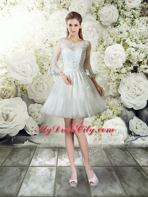 Sumptuous Court Train Three Pieces Bridal Gown White V-neck Tulle 3 4 Length Sleeve Zipper