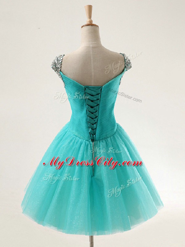 Chic Cap Sleeves Tulle Mini Length Lace Up Prom Party Dress in Red with Beading and Sequins