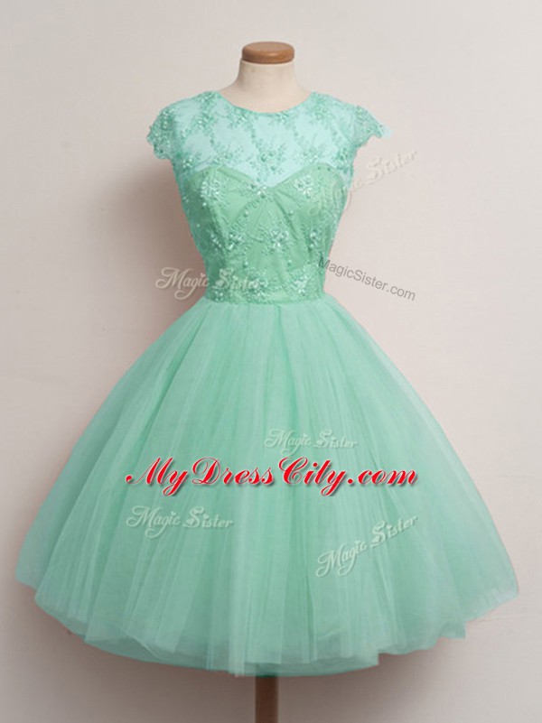 Fantastic Apple Green Cap Sleeves Lace Knee Length Bridesmaid Dresses