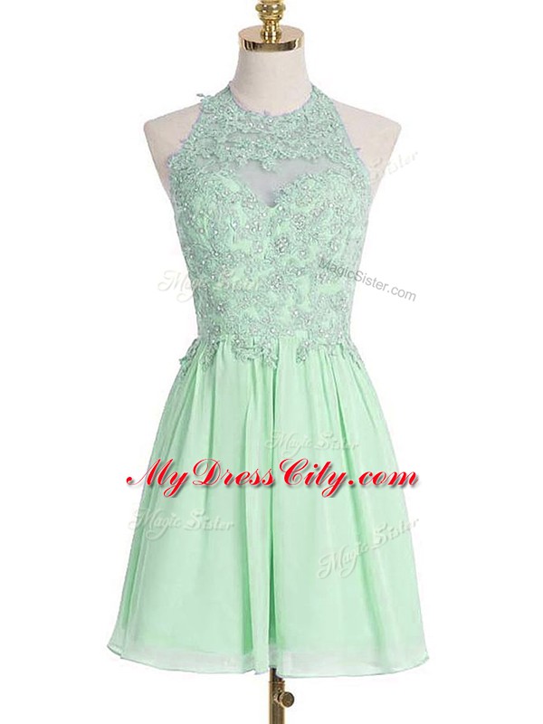 Comfortable Apple Green Chiffon Lace Up Halter Top Sleeveless Knee Length Bridesmaid Gown Appliques