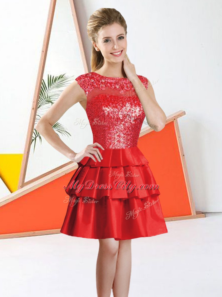 Red Tulle Backless Quinceanera Court Dresses Sleeveless Knee Length Beading and Lace