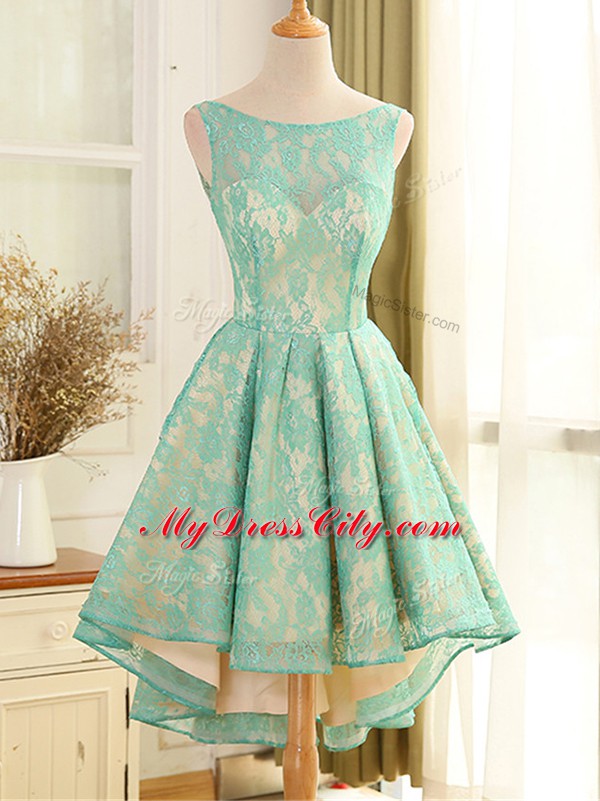 Colorful Turquoise Scoop Neckline Lace and Appliques Prom Evening Gown Sleeveless Backless