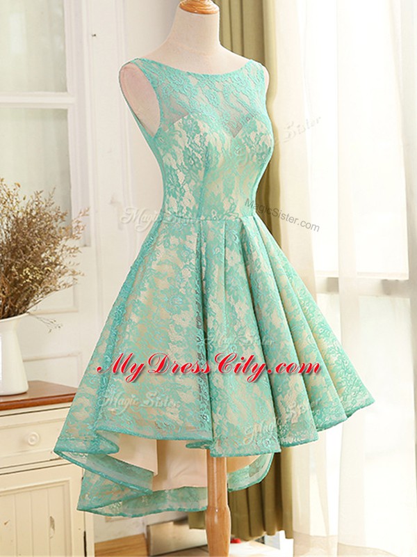 Colorful Turquoise Scoop Neckline Lace and Appliques Prom Evening Gown Sleeveless Backless