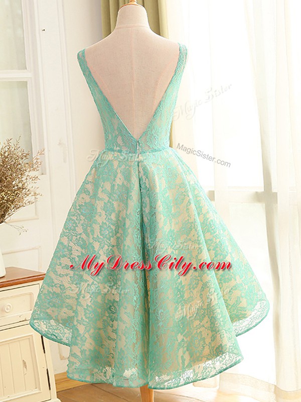 Colorful Turquoise Scoop Neckline Lace and Appliques Prom Evening Gown Sleeveless Backless