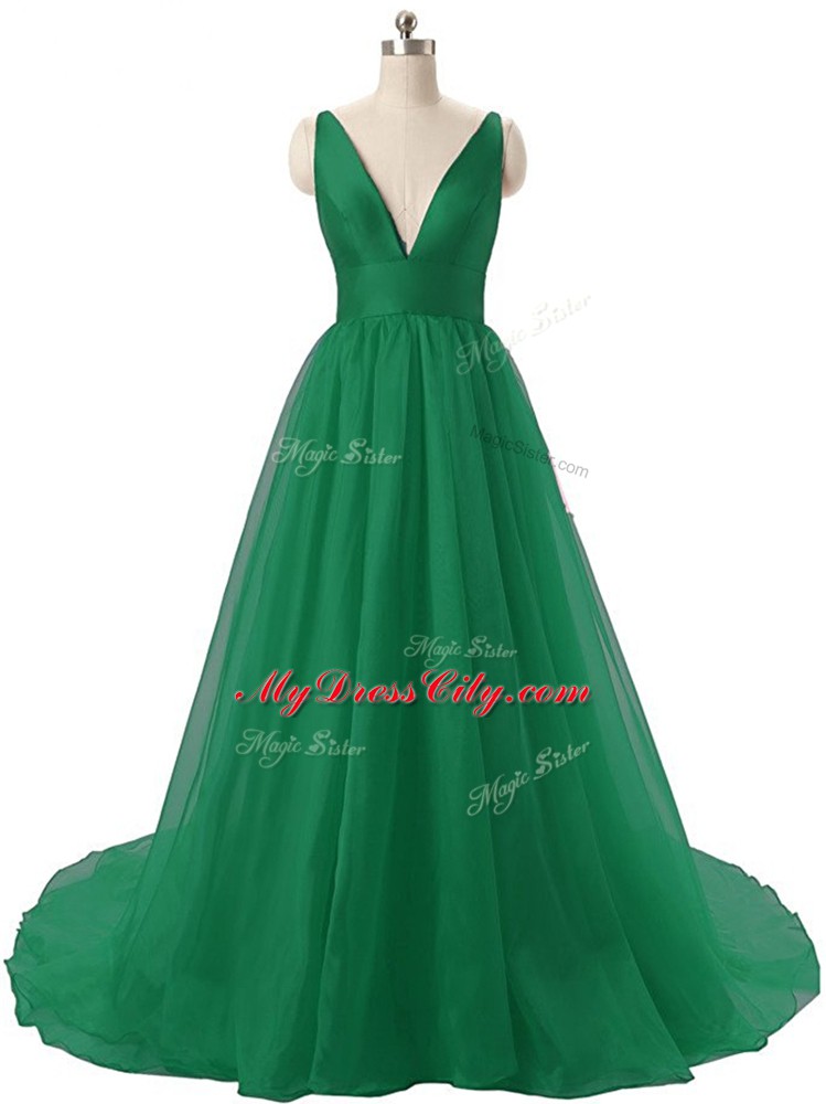 Superior Dark Green Organza Backless Homecoming Dresses Sleeveless Brush Train Ruching