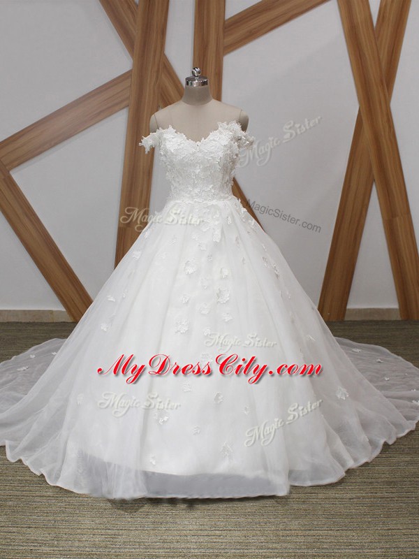 White Zipper Off The Shoulder Appliques Wedding Dresses Organza Sleeveless Court Train