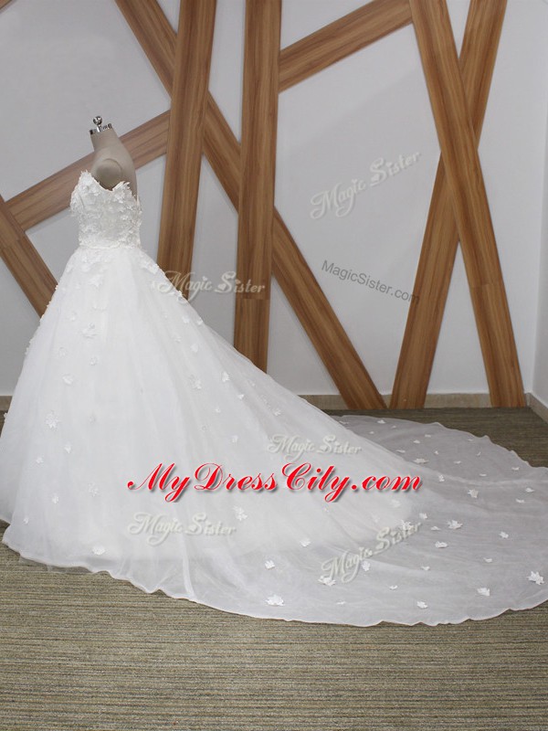 White Zipper Off The Shoulder Appliques Wedding Dresses Organza Sleeveless Court Train