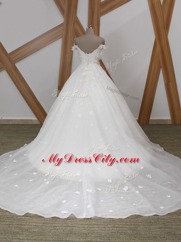 White Zipper Off The Shoulder Appliques Wedding Dresses Organza Sleeveless Court Train