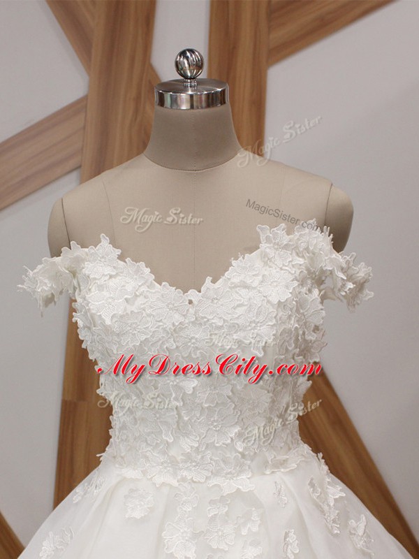 White Zipper Off The Shoulder Appliques Wedding Dresses Organza Sleeveless Court Train