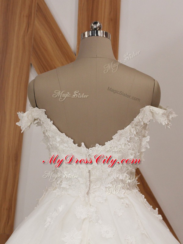 White Zipper Off The Shoulder Appliques Wedding Dresses Organza Sleeveless Court Train