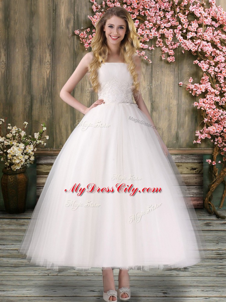 White Off The Shoulder Lace Up Embroidery Bridal Gown Sleeveless