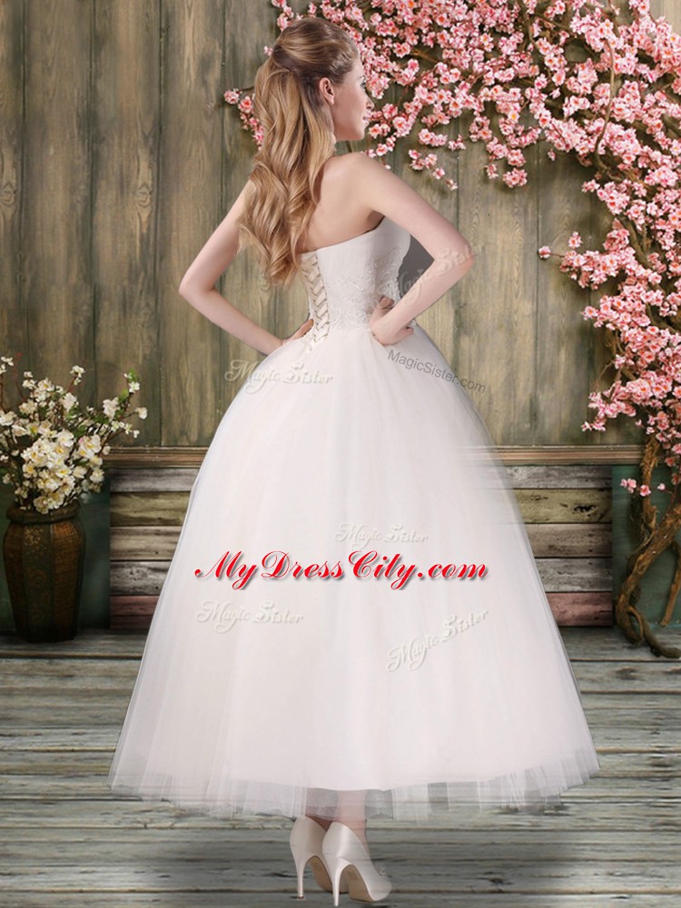 White Off The Shoulder Lace Up Embroidery Bridal Gown Sleeveless