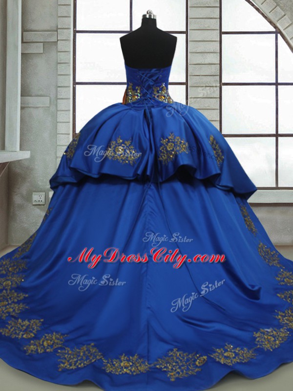 Sweetheart Sleeveless Sweet 16 Dresses Sweep Train Beading and Appliques Royal Blue Satin and Tulle