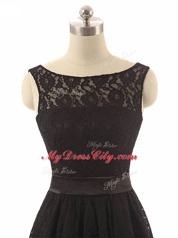 Black Zipper Bateau Lace and Belt Quinceanera Court Dresses Lace Sleeveless