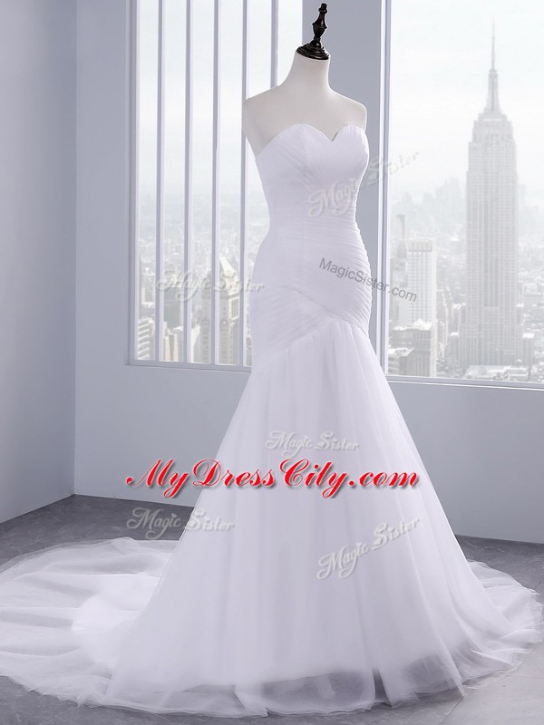 Top Selling White Sweetheart Lace Up Ruching Wedding Gowns Court Train Sleeveless