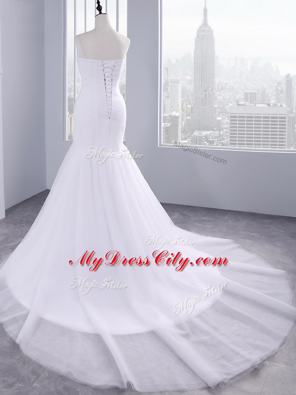 Top Selling White Sweetheart Lace Up Ruching Wedding Gowns Court Train Sleeveless