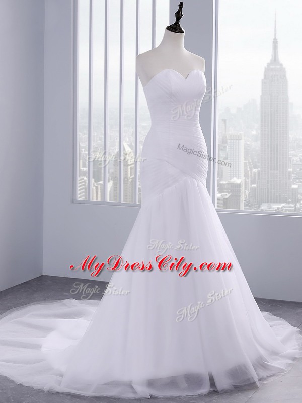 Top Selling White Sweetheart Lace Up Ruching Wedding Gowns Court Train Sleeveless