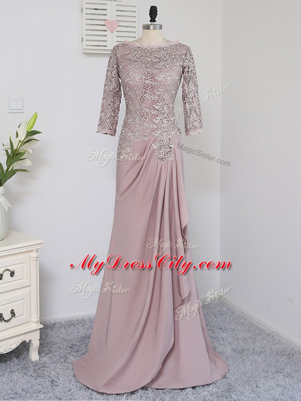 Half Sleeves Brush Train Beading and Lace and Appliques Zipper Mother of Bride Dresses