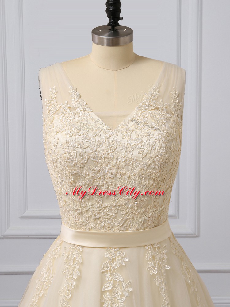 Exquisite V-neck Sleeveless Homecoming Dress Brush Train Lace and Appliques Champagne Tulle