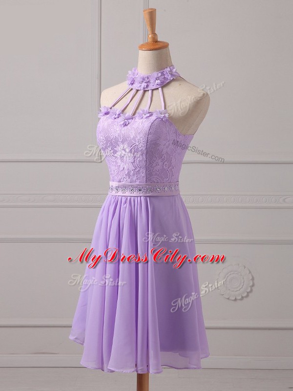 Chic Lavender Sleeveless Mini Length Lace and Appliques Lace Up Vestidos de Damas