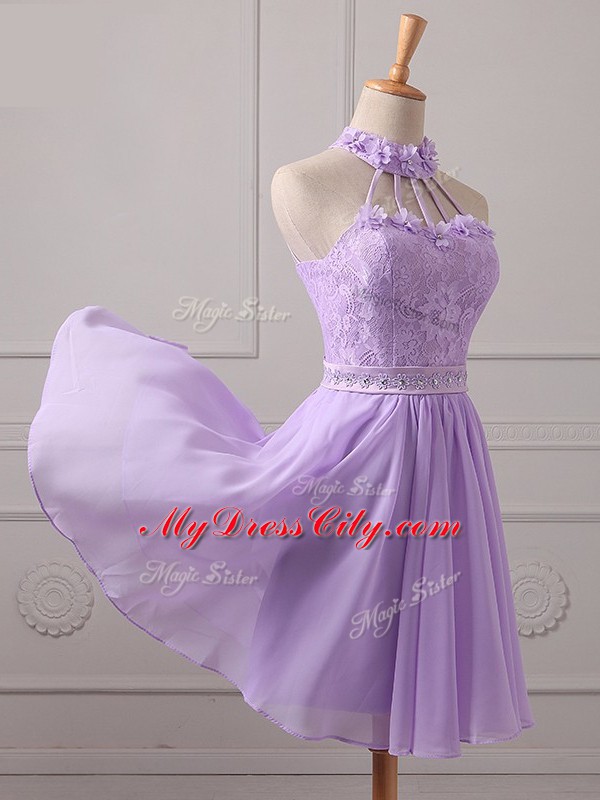 Chic Lavender Sleeveless Mini Length Lace and Appliques Lace Up Vestidos de Damas