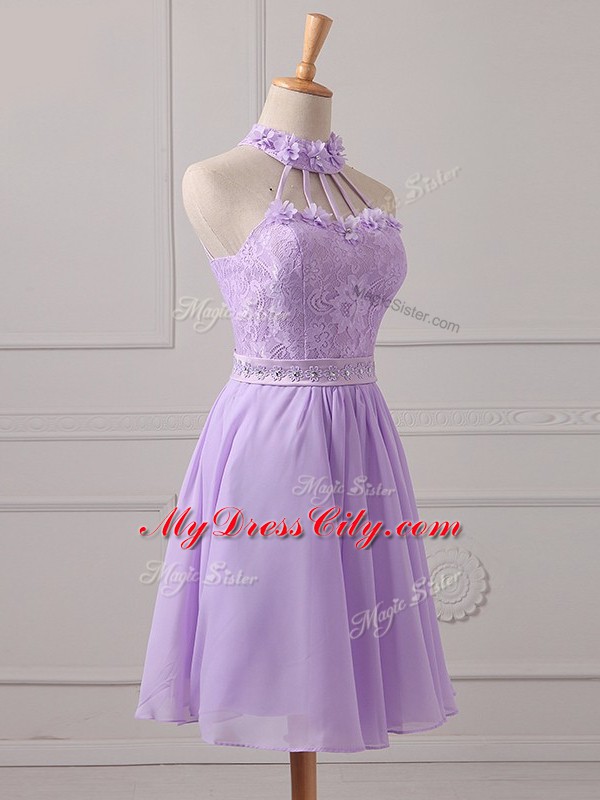 Chic Lavender Sleeveless Mini Length Lace and Appliques Lace Up Vestidos de Damas