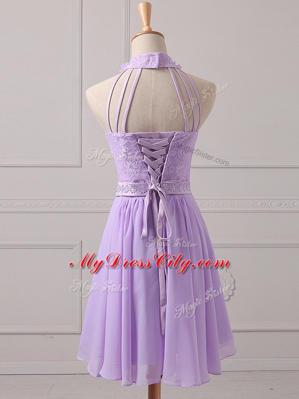 Chic Lavender Sleeveless Mini Length Lace and Appliques Lace Up Vestidos de Damas