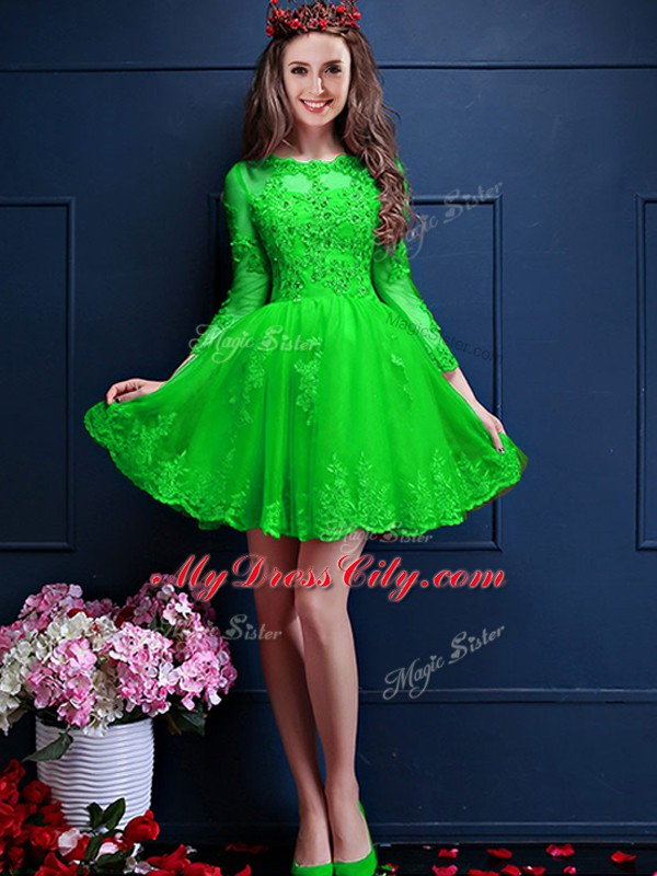 Scalloped 3 4 Length Sleeve Vestidos de Damas Mini Length Beading and Lace and Appliques Chiffon