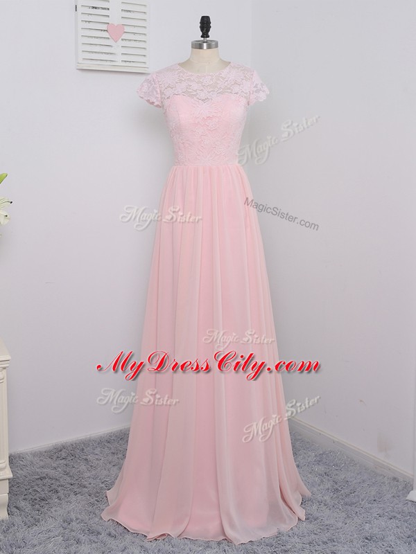 Lovely Lace Court Dresses for Sweet 16 Baby Pink Zipper Cap Sleeves Floor Length