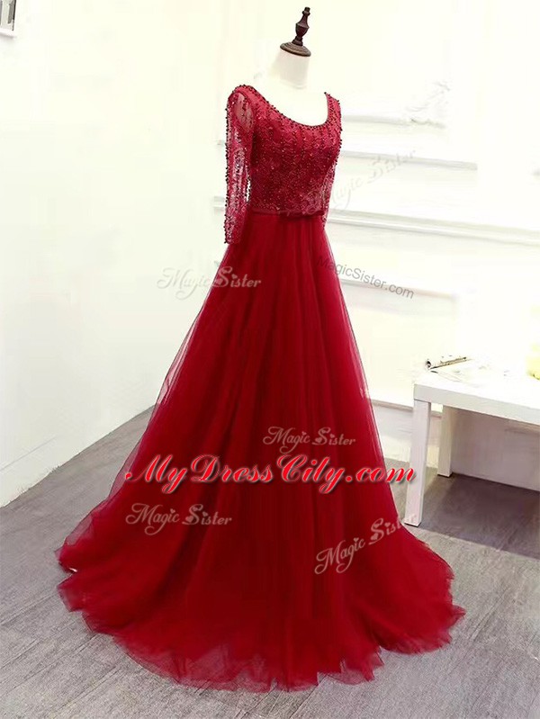 Custom Fit Long Sleeves Beading and Lace and Belt Zipper Celebrity Style Dress with Wine Red Brush Train