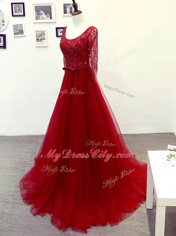 Custom Fit Long Sleeves Beading and Lace and Belt Zipper Celebrity Style Dress with Wine Red Brush Train