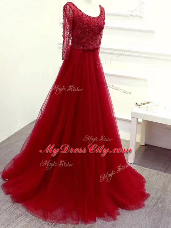 Custom Fit Long Sleeves Beading and Lace and Belt Zipper Celebrity Style Dress with Wine Red Brush Train