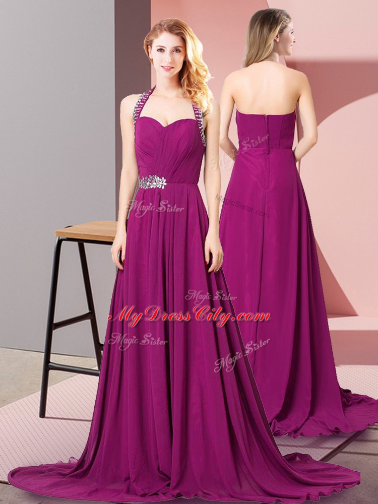 Luxurious Fuchsia Sleeveless Chiffon Brush Train Zipper Prom Party Dress for Prom and Party and Military Ball