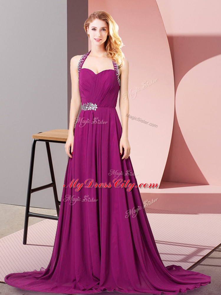 Luxurious Fuchsia Sleeveless Chiffon Brush Train Zipper Prom Party Dress for Prom and Party and Military Ball