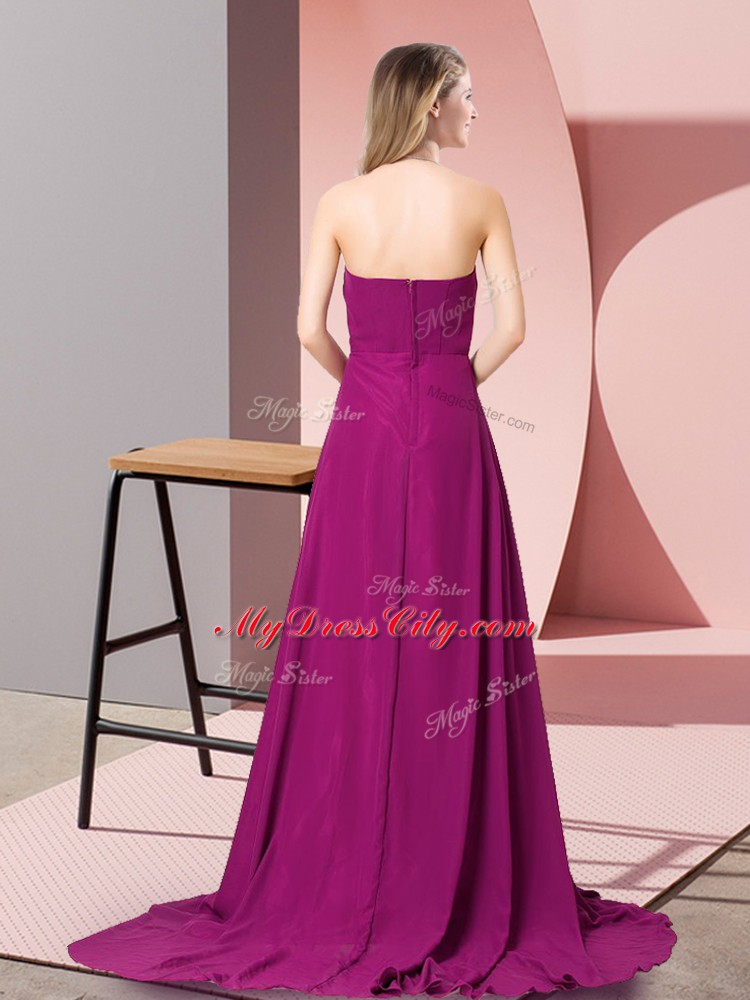 Luxurious Fuchsia Sleeveless Chiffon Brush Train Zipper Prom Party Dress for Prom and Party and Military Ball