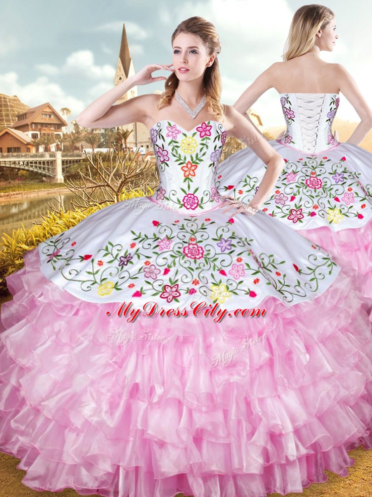 Rose Pink Sleeveless Embroidery and Ruffled Layers Floor Length 15 Quinceanera Dress