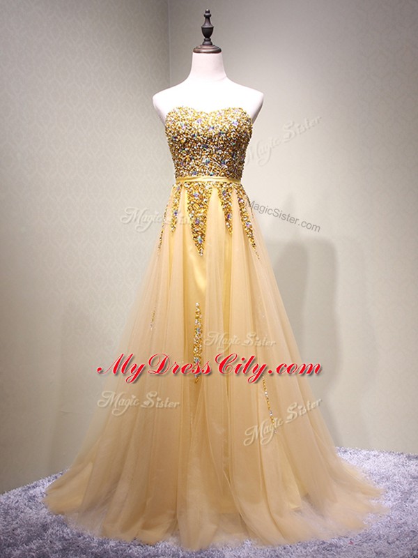 Unique Floor Length Champagne Prom Gown Tulle Sleeveless Beading