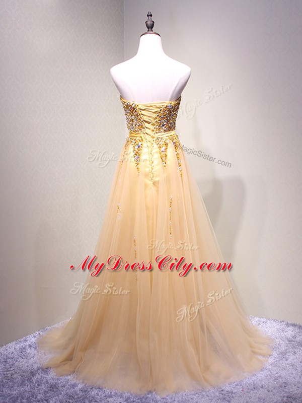 Unique Floor Length Champagne Prom Gown Tulle Sleeveless Beading