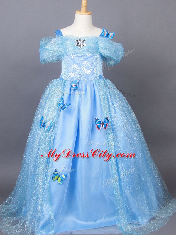 Light Blue A-line Appliques Little Girl Pageant Dress Side Zipper Tulle Short Sleeves Floor Length